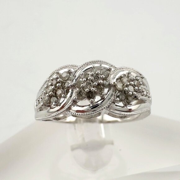 Beautiful 1/4 Carat Natural Diamond Triple Cluster Ring in Sterling Silver Size - Picture 11 of 16